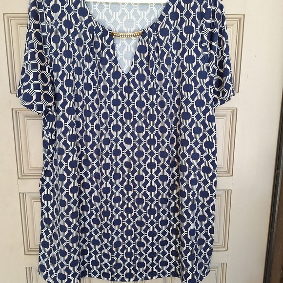 Always Indigo Blouse Plus Sz2X Geometric Print Short Sleeve Metal Embellishment - Picture 6 of 8